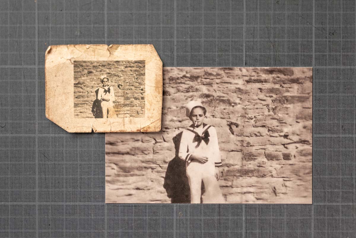 Photo ancienne restaurée numériquement avant et après retouche